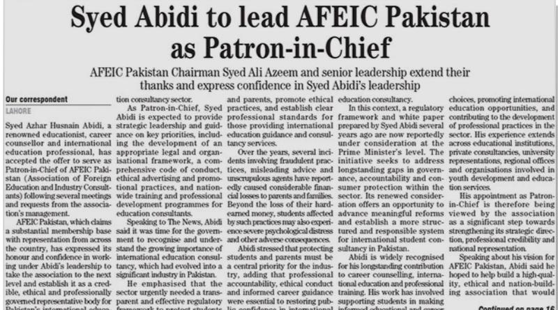 Syed Abidi to lead AFEIC Pakistan